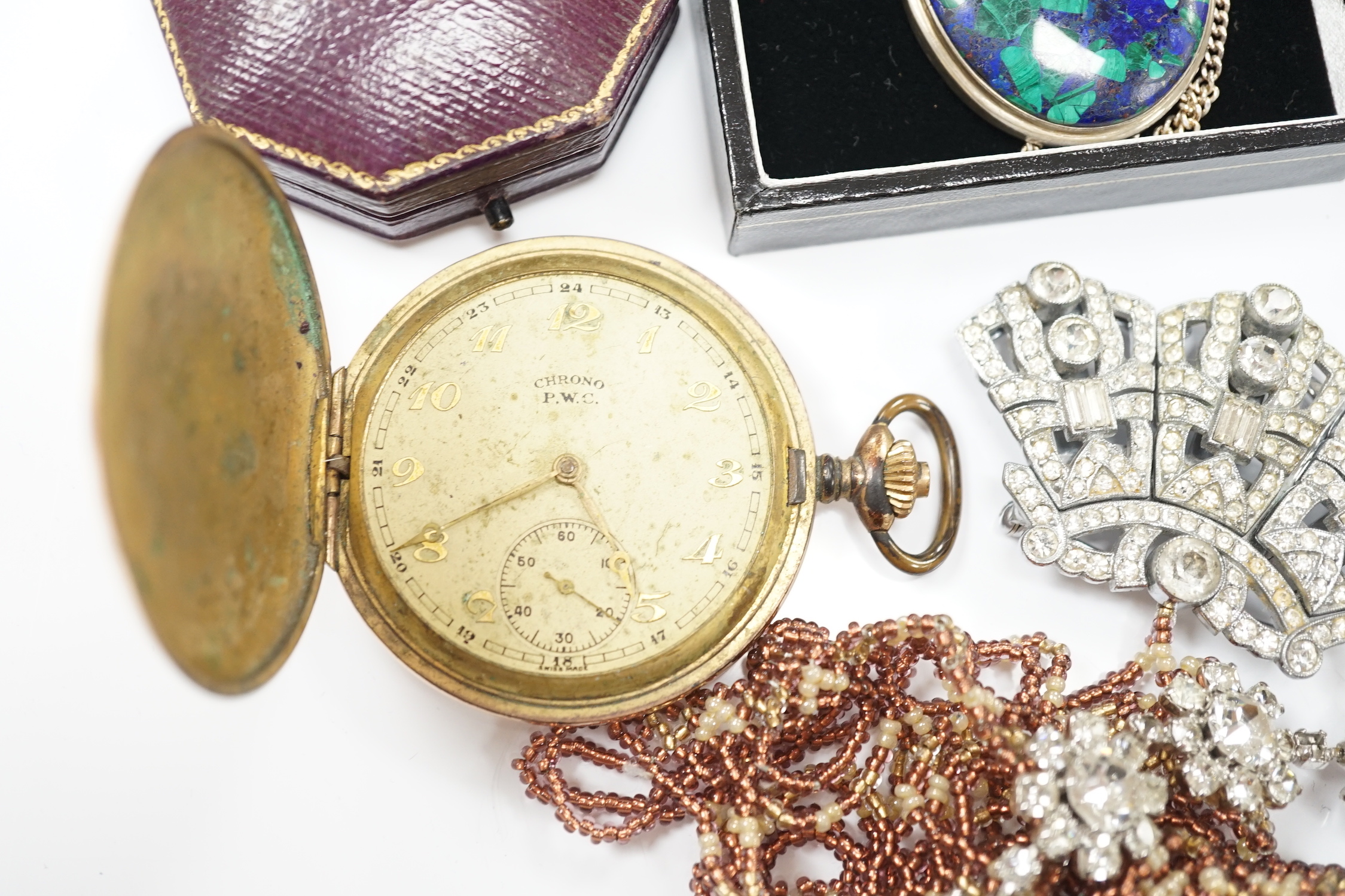 A small quantity of assorted costume jewellery, gold plated pocket watch, silver vesta case, etc.